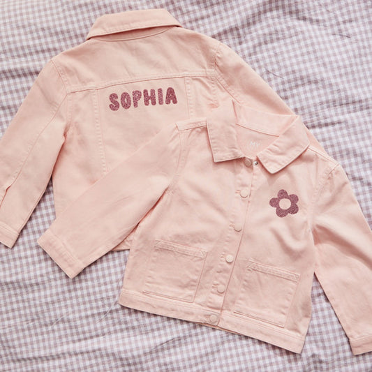 My Kids Personalised Flower Glitter Pink Denim Jacket