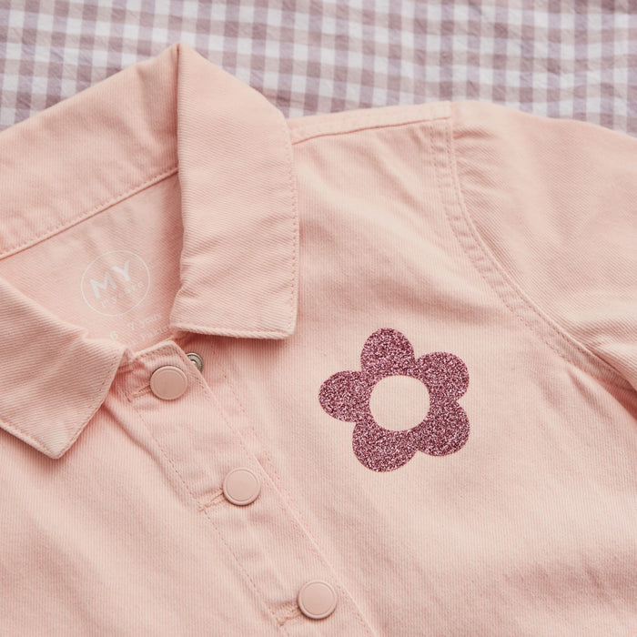 My Kids Personalised Flower Glitter Pink Denim Jacket