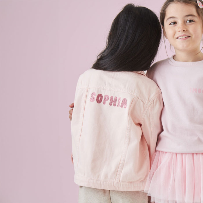 My Kids Personalised Flower Glitter Pink Denim Jacket