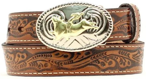 Nocona N4410402&nbsp;Leather Belt with Bullrider Buckle front of belt