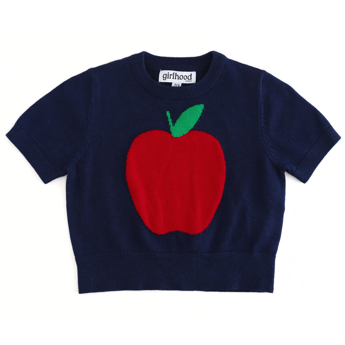 girls' short sleeve navy knit sweater with red apple design for school and apple picking season