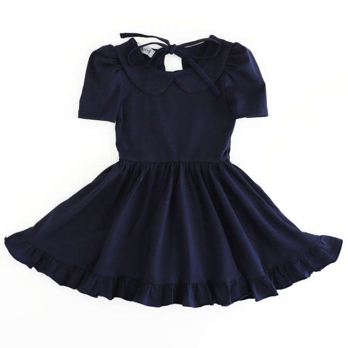 girls' navy blue cotton blend, short sleeve, collared twirl dress with ruffled hem for school uniform