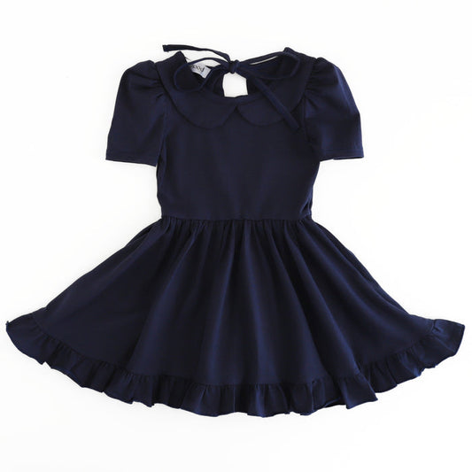 girls' navy blue cotton blend, short sleeve, collared twirl dress with ruffled hem for school uniform