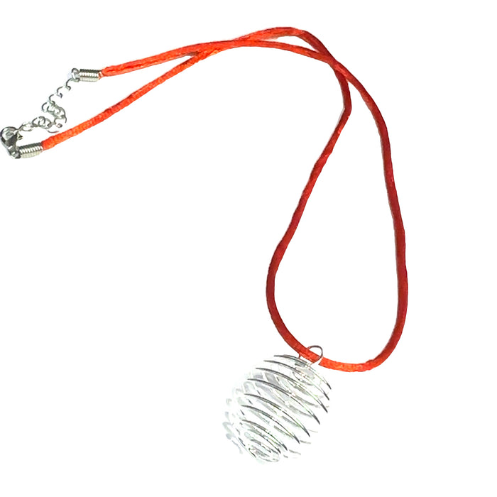 one red necklace with silver cage