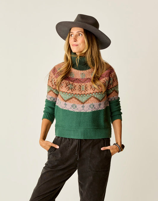Neve Fairisle Turtleneck Bistro Fairisle green geometric pattern loose tall turtleneck raglan sleeves recycled wool knit