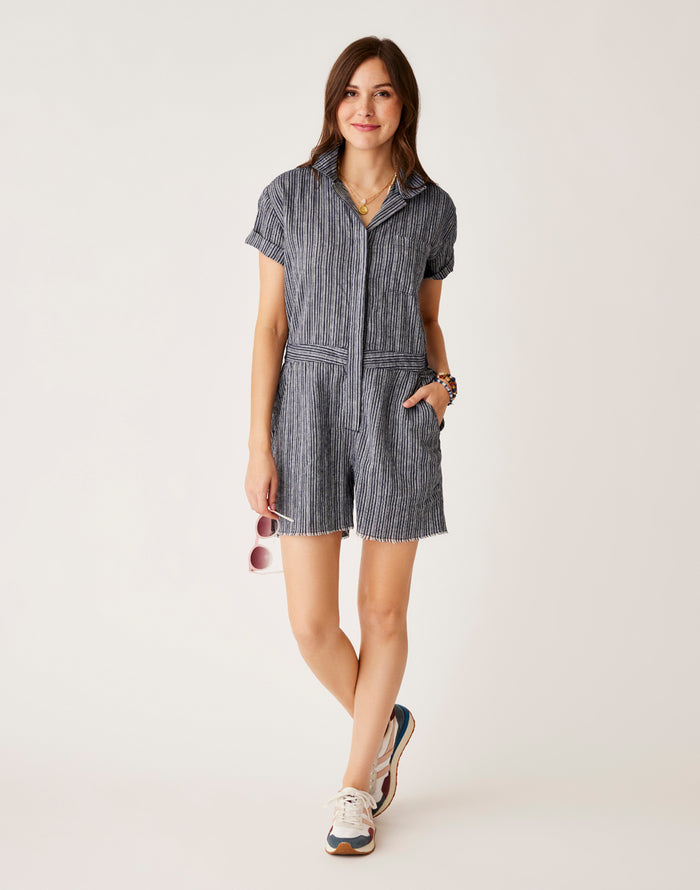 Nyla Linen Romper: Navy Texture - FINAL SALE