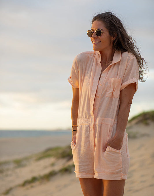 Nyla Linen Romper: Peach Chambray - FINAL SALE