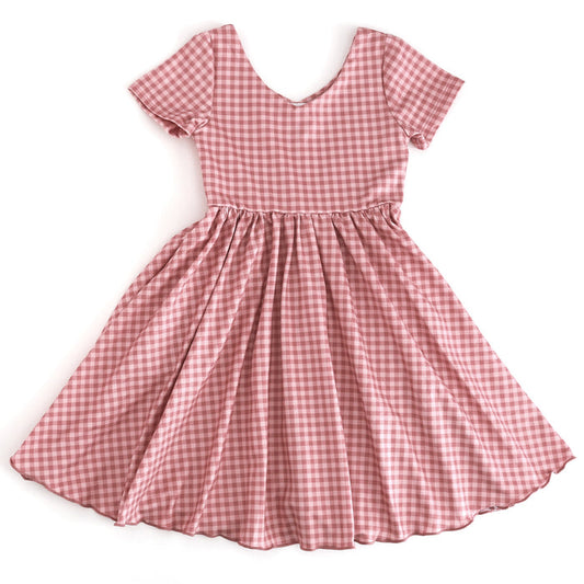 girls v-neck short sleeve twirl dress with lettuce trim in shades of fall pink
