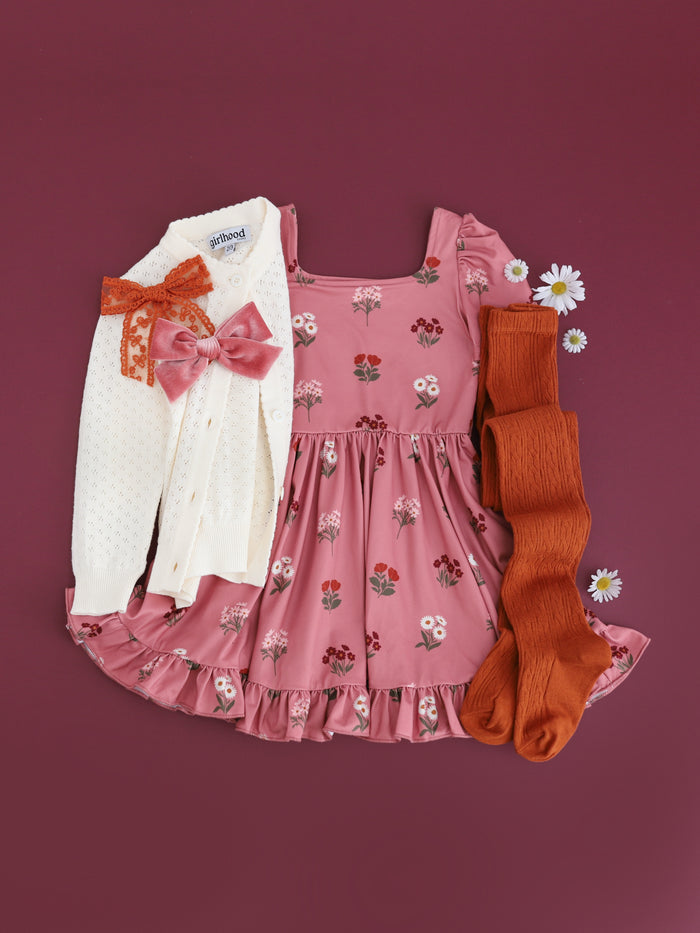 girls' dusty pink floral twirl dress with fall floral bouquet print paired with ivory pointelle cardigan and pumpkin spice accessories