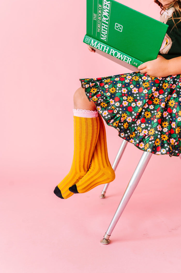 girls pencil knee high socks with back to school floral dress