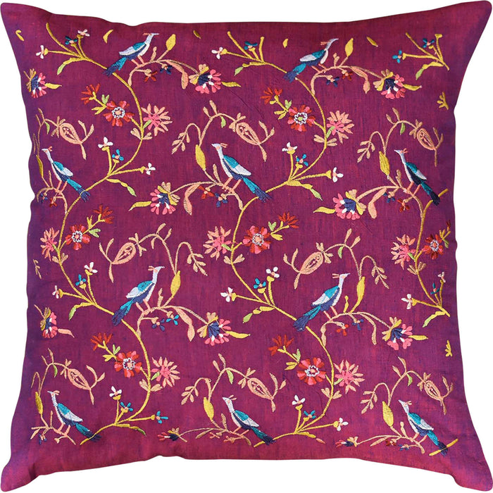 Parakeet Purple Tree of Life Decorative Cotton Pillow Cover Embroidered 18"x18" - KashmirDesigns