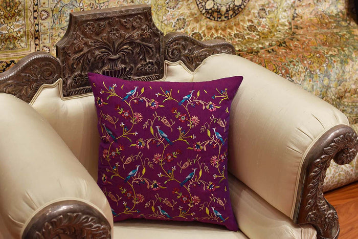 Parakeet Purple Tree of Life Decorative Cotton Pillow Cover Embroidered 18"x18" - KashmirDesigns