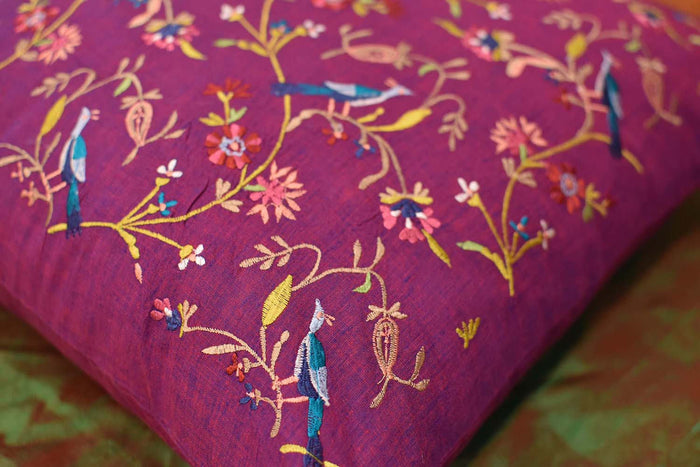Parakeet Purple Tree of Life Decorative Cotton Pillow Cover Embroidered 18"x18" - KashmirDesigns