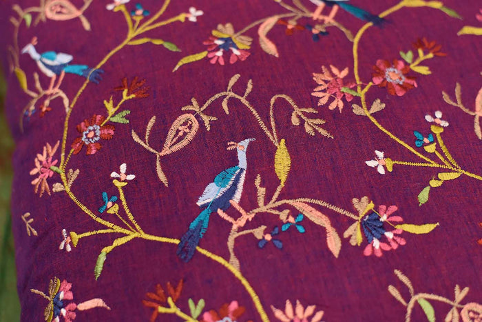 Parakeet Purple Tree of Life Decorative Cotton Pillow Cover Embroidered 18"x18" - KashmirDesigns