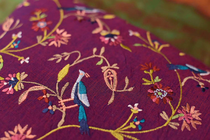 Parakeet Purple Tree of Life Decorative Cotton Pillow Cover Embroidered 18"x18" - KashmirDesigns