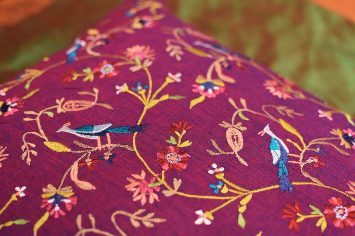 Parakeet Purple Tree of Life Decorative Cotton Pillow Cover Embroidered 18"x18" - KashmirDesigns