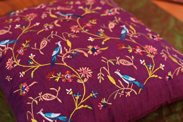 Parakeet Purple Tree of Life Decorative Cotton Pillow Cover Embroidered 18"x18" - KashmirDesigns