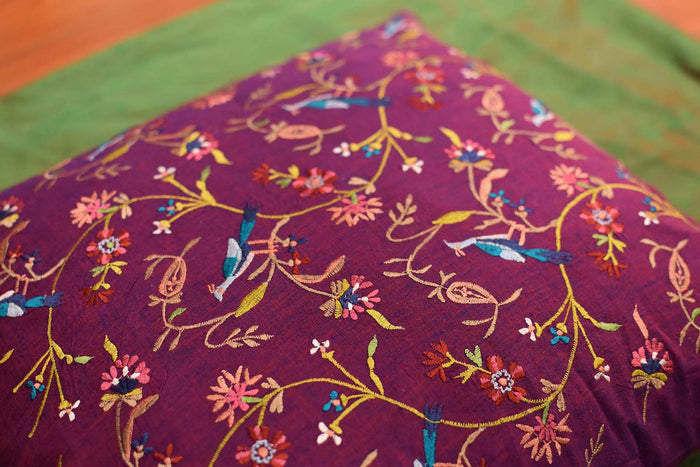 Parakeet Purple Tree of Life Decorative Cotton Pillow Cover Embroidered 18"x18" - KashmirDesigns