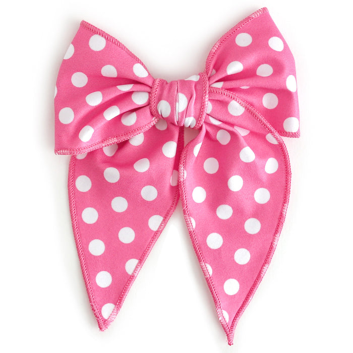girls' pink fabric hair bow on clip with white polka dots for pink Minnie vibes