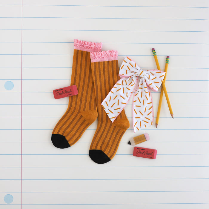girls' pencil themed hair bow, clip and knee socks back to school