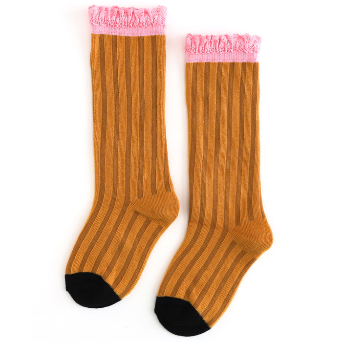 girls' pencil inspired knee highs socks with black toe, marigold yellow striped base and pink lace trim