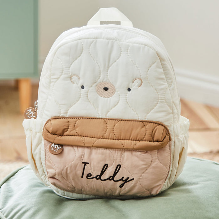 Personalised Bear Ecru Quilted Medium Backpack