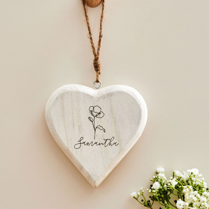 Personalised Birth Flower Wooden Hanging Heart