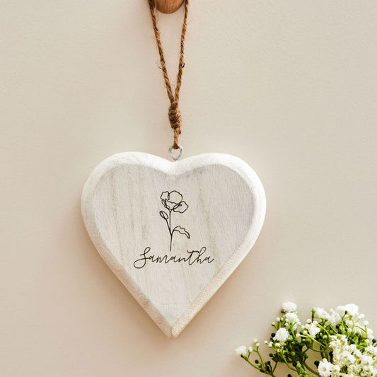 Personalised Birth Flower Wooden Hanging Heart