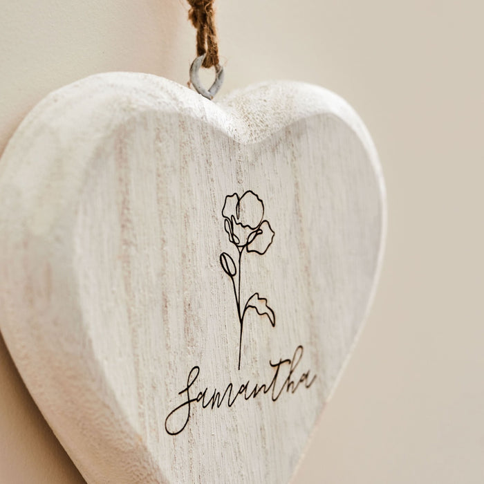 Personalised Birth Flower Wooden Hanging Heart