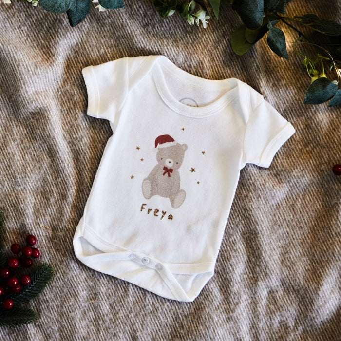 Personalised Biscuit Bear Christmas White Bodysuit
