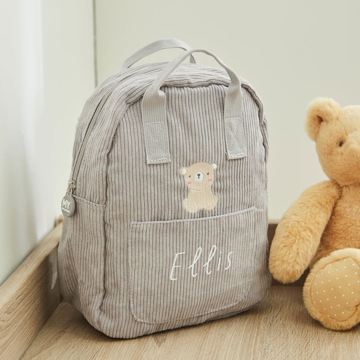 Personalised Biscuit Bear Grey Cord Mini Backpack