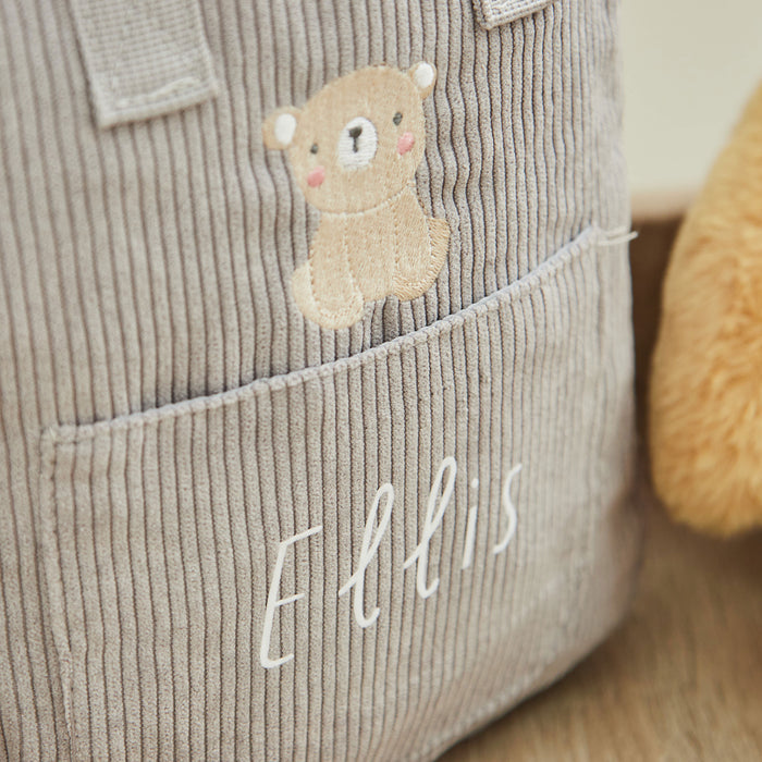 Personalised Biscuit Bear Grey Cord Mini Backpack