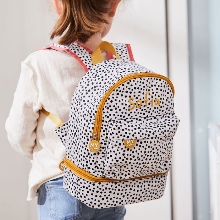 Personalised Black and White Polka Dot Mini Backpack with Compartment