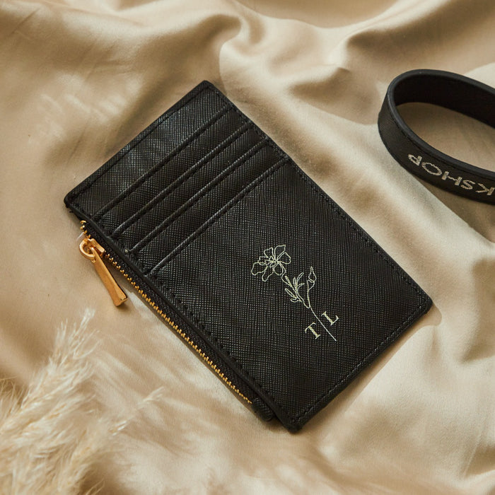 Personalised Black Birth Flower Monogrammed Card Holder