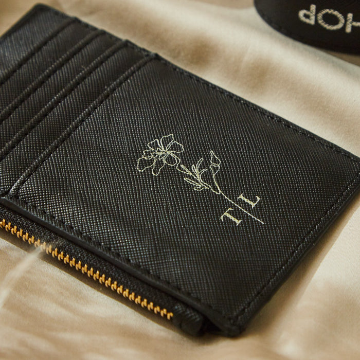 Personalised Black Birth Flower Monogrammed Card Holder