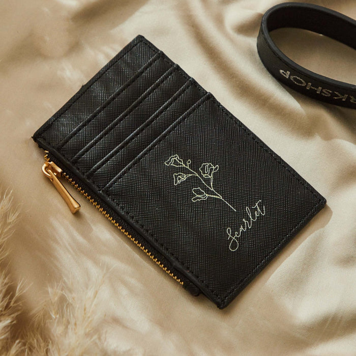 Personalised Black Birth Flower Name Card Holder
