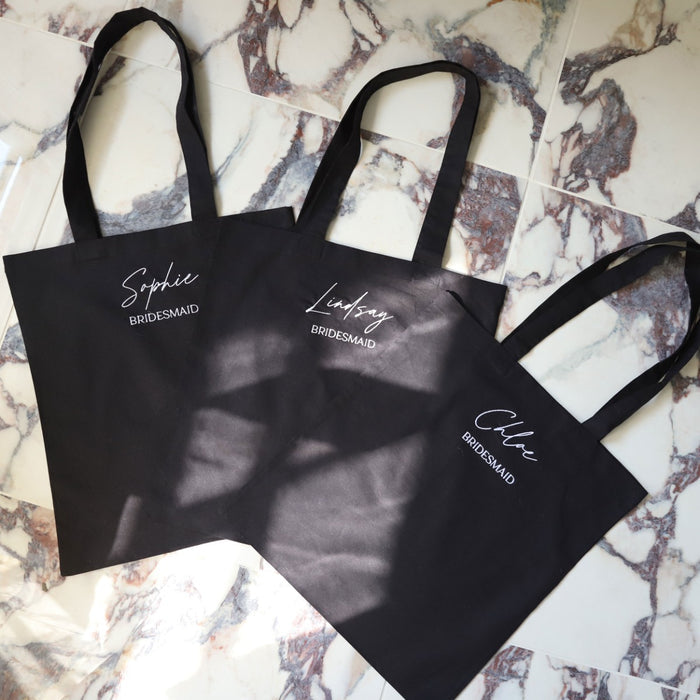 Personalised Black Bridesmaid Tote Bag with Script Font