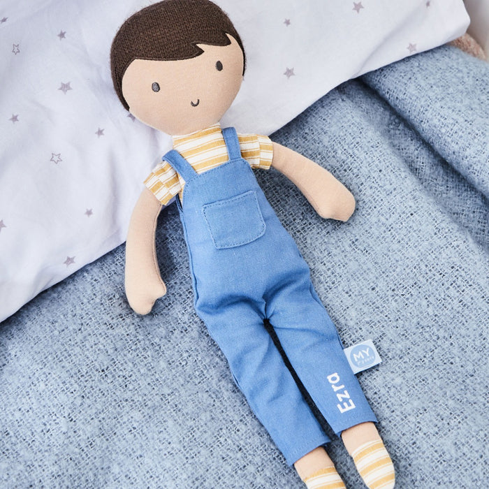 Personalised Blue Dark Hair Doll in Dungarees Outfit