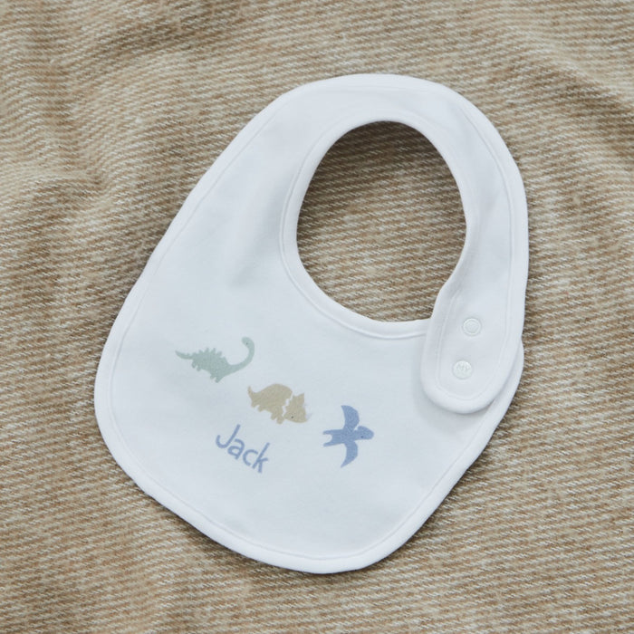 Personalised Blue Dino White Baby Bib