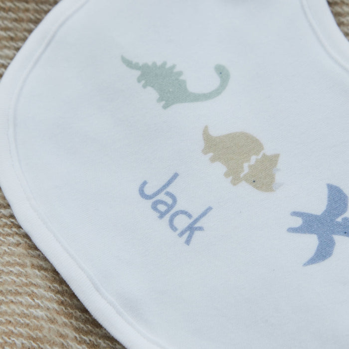 Personalised Blue Dino White Baby Bib