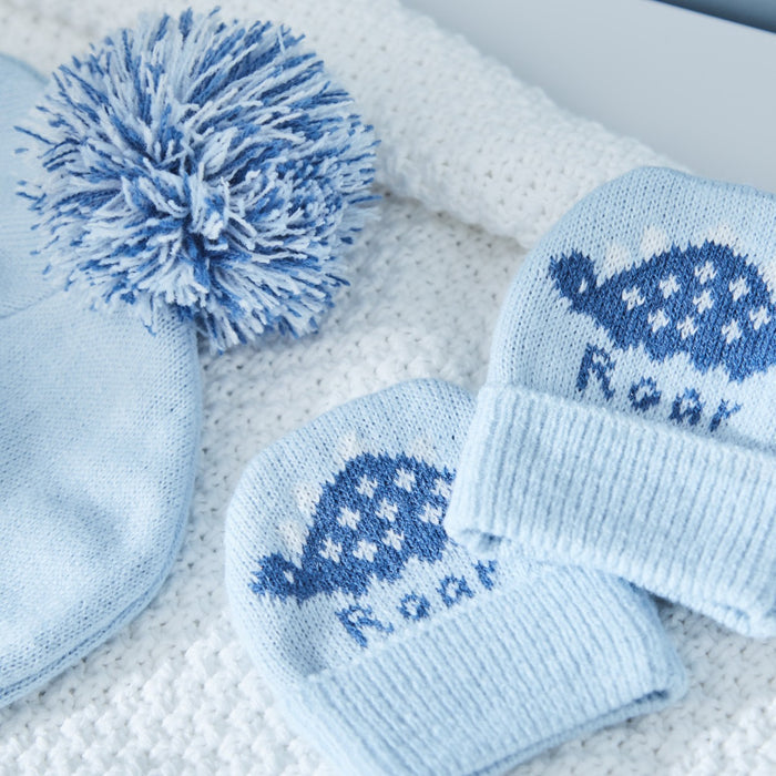 Personalised Blue Dinosaur Knitted Hat & Mittens Set