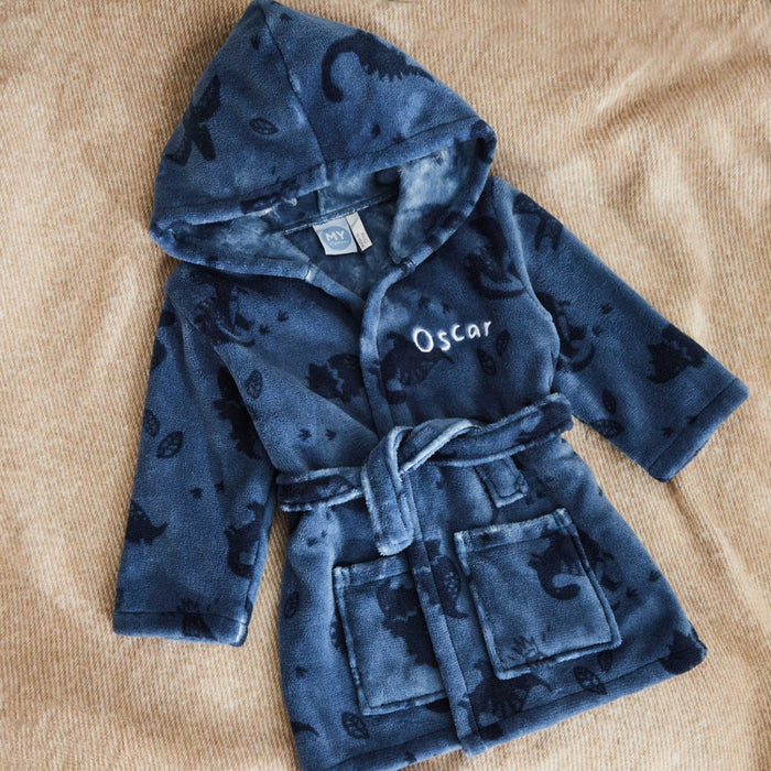 Personalised Blue Dinosaur Pattern Fleece Robe