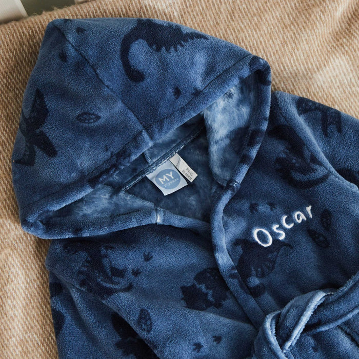 Personalised Blue Dinosaur Pattern Fleece Robe