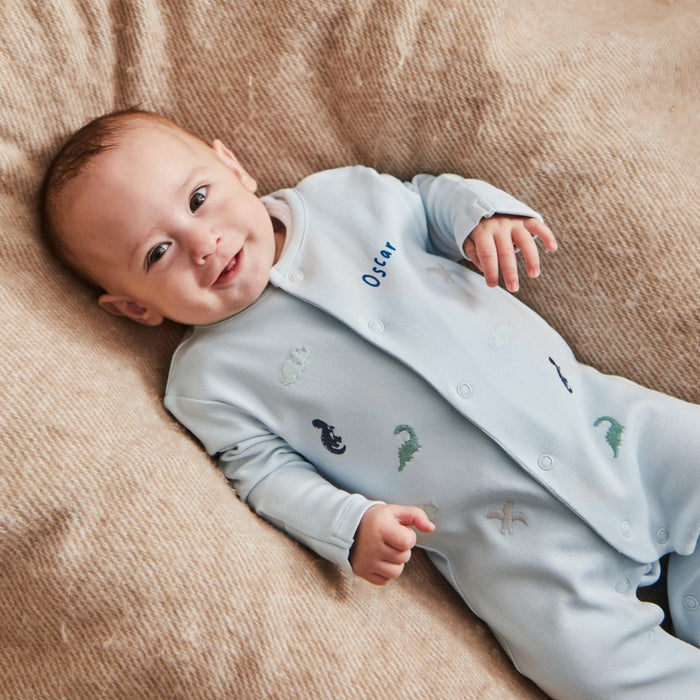 Personalised Blue Dinosaur Sleepsuit