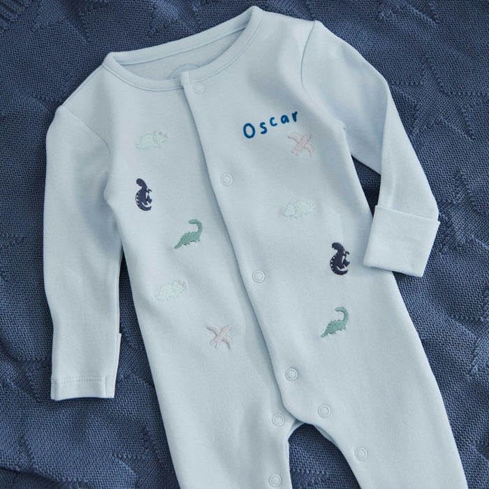 Personalised Blue Dinosaur Sleepsuit