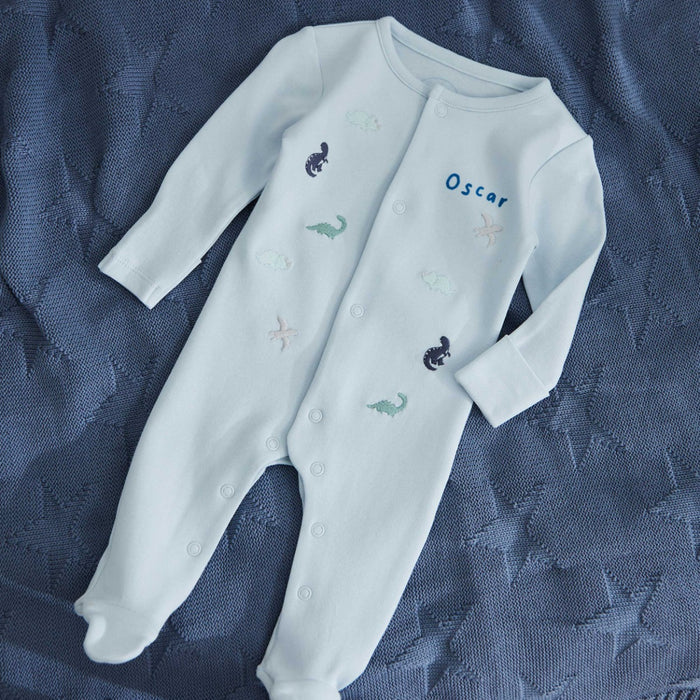 Personalised Blue Dinosaur Sleepsuit