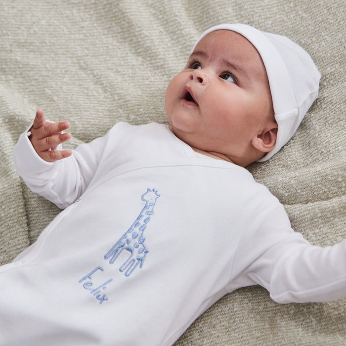 Personalised Blue Giraffe Wrap Sleepsuit & Hat Baby Set