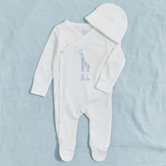 Personalised Blue Giraffe Wrap Sleepsuit & Hat Baby Set