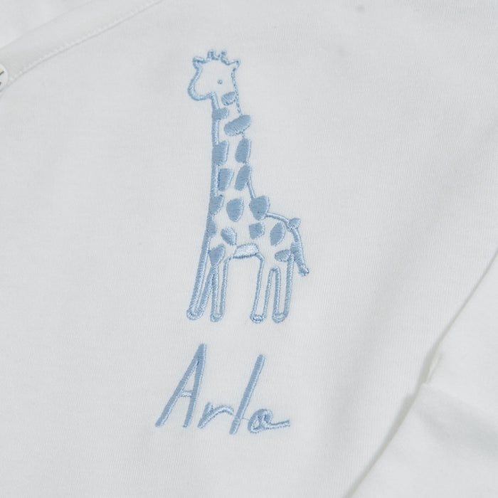 Personalised Blue Giraffe Wrap Sleepsuit & Hat Baby Set
