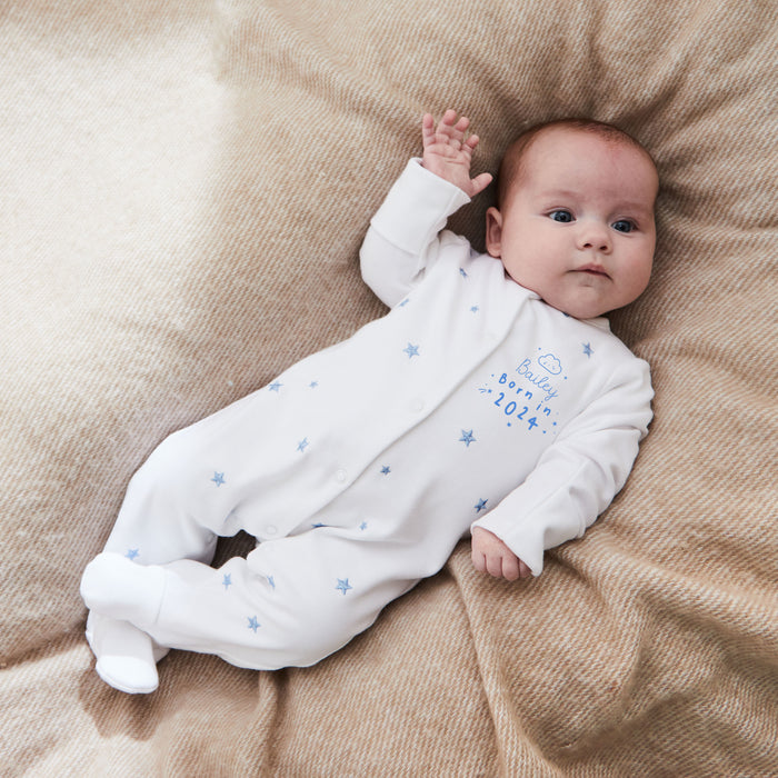 Personalised Born in 2024 Blue Star Design Sleepsuit